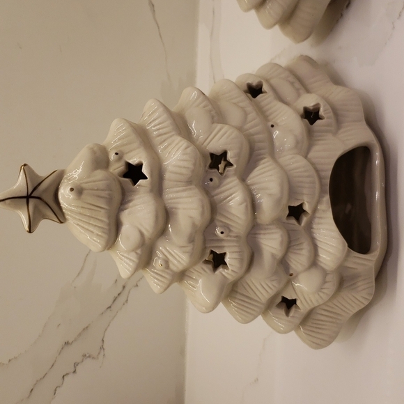 SET of Two Ceramic Porcelain Christmas Tree White Gold Tea Light Holder Can - Picture 4 of 8